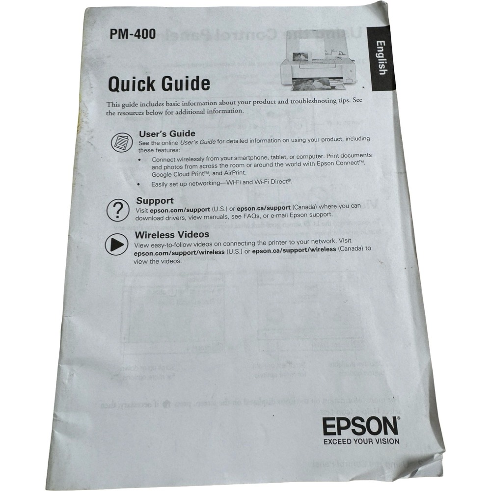 Epson PM-400 Quick Guide Printer Manual OS White Wireless Setup Instructions